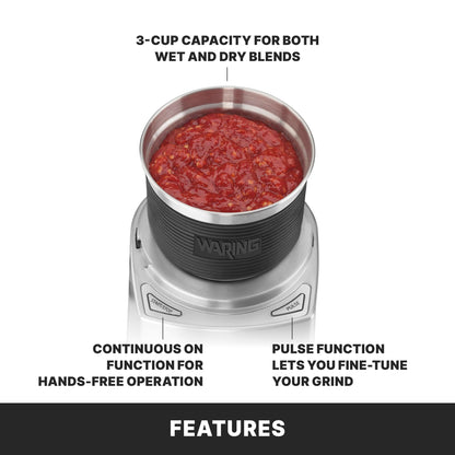 Waring Commercial Electric Spice Grinder, 3-Cup Capacity, Stainless Steel Blades, Dry & Wet, Spices, Pastes, Sauces, Whipped Cream, Herb blends, WSG60