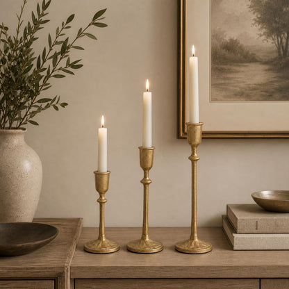 PUKUPIG Candlestick Holders, Set of 3 Taper Candle Holders with Heavy Duty Weighted Base, Matte Brass Gold Metal Stands for Wedding, Mantel & Table Decor, Fits 3/4" & 7/8" Candles