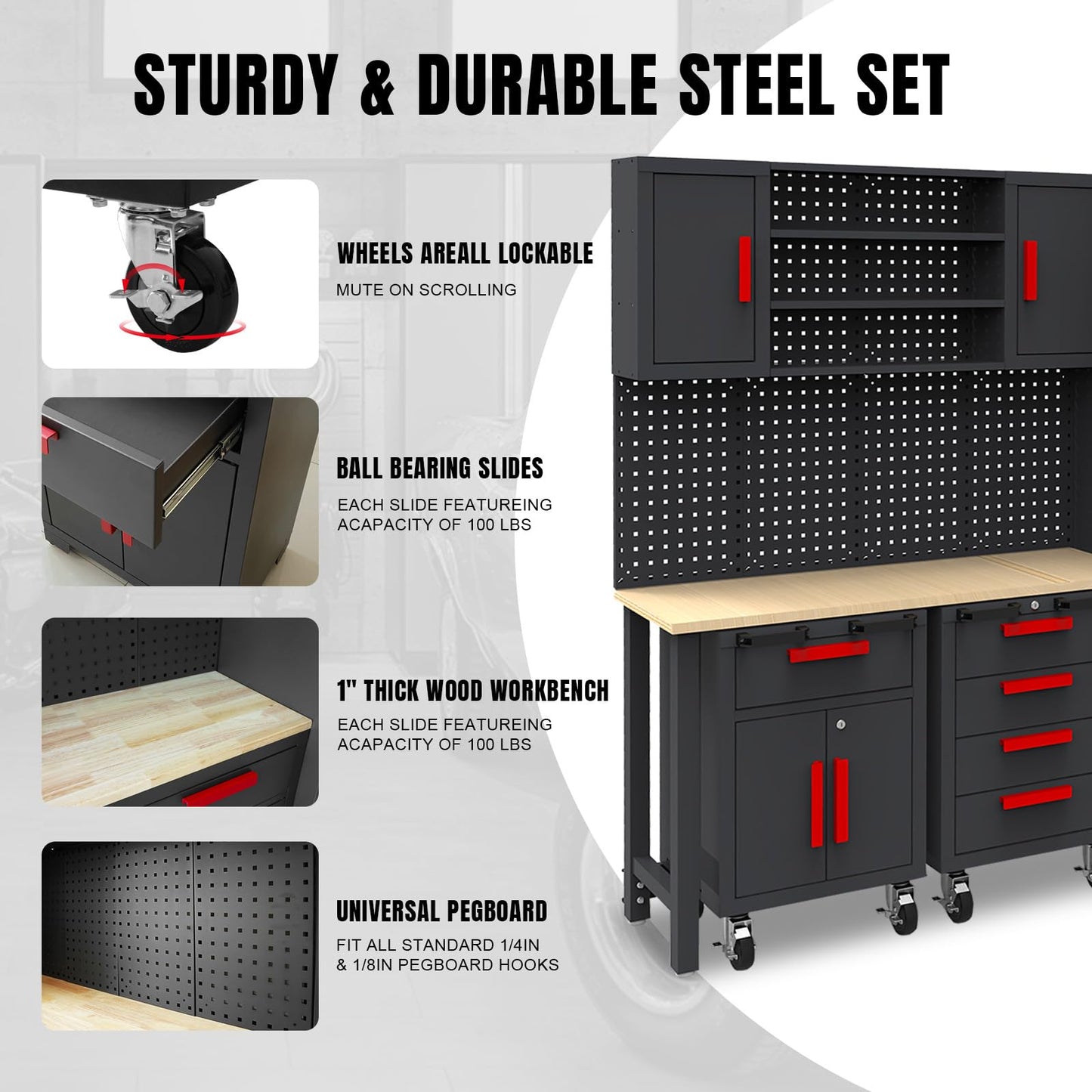 Big RED Garage Storage Cabinets System, 6-Pcs Workshop Cabinet Set in Black, Included Steel Cabinets Drawers Rolling Chest and Pegboard,Locked Garage Storage Cabinet