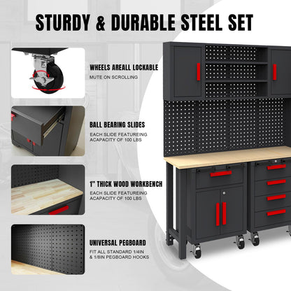 Big RED Garage Storage Cabinets System, 6-Pcs Workshop Cabinet Set in Black, Included Steel Cabinets Drawers Rolling Chest and Pegboard,Locked Garage Storage Cabinet