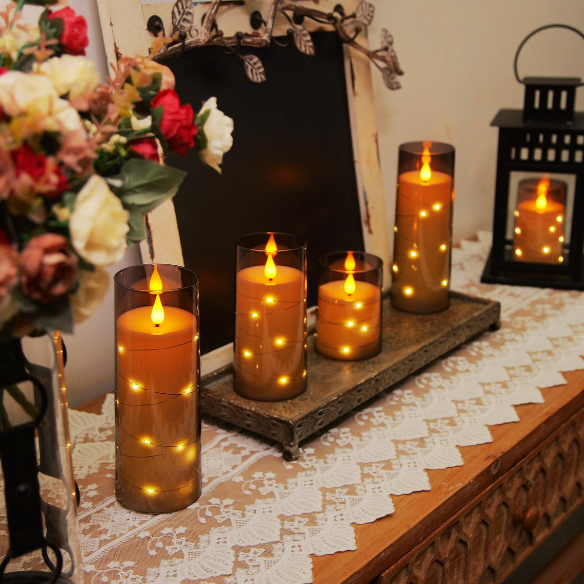 Homemory 9 Pcs Flameless Candles with Embedded Star String Fairy Lights, Battery Operated Candles, LED Fake Candles with Remote Control and Timer, Gray Acrylic