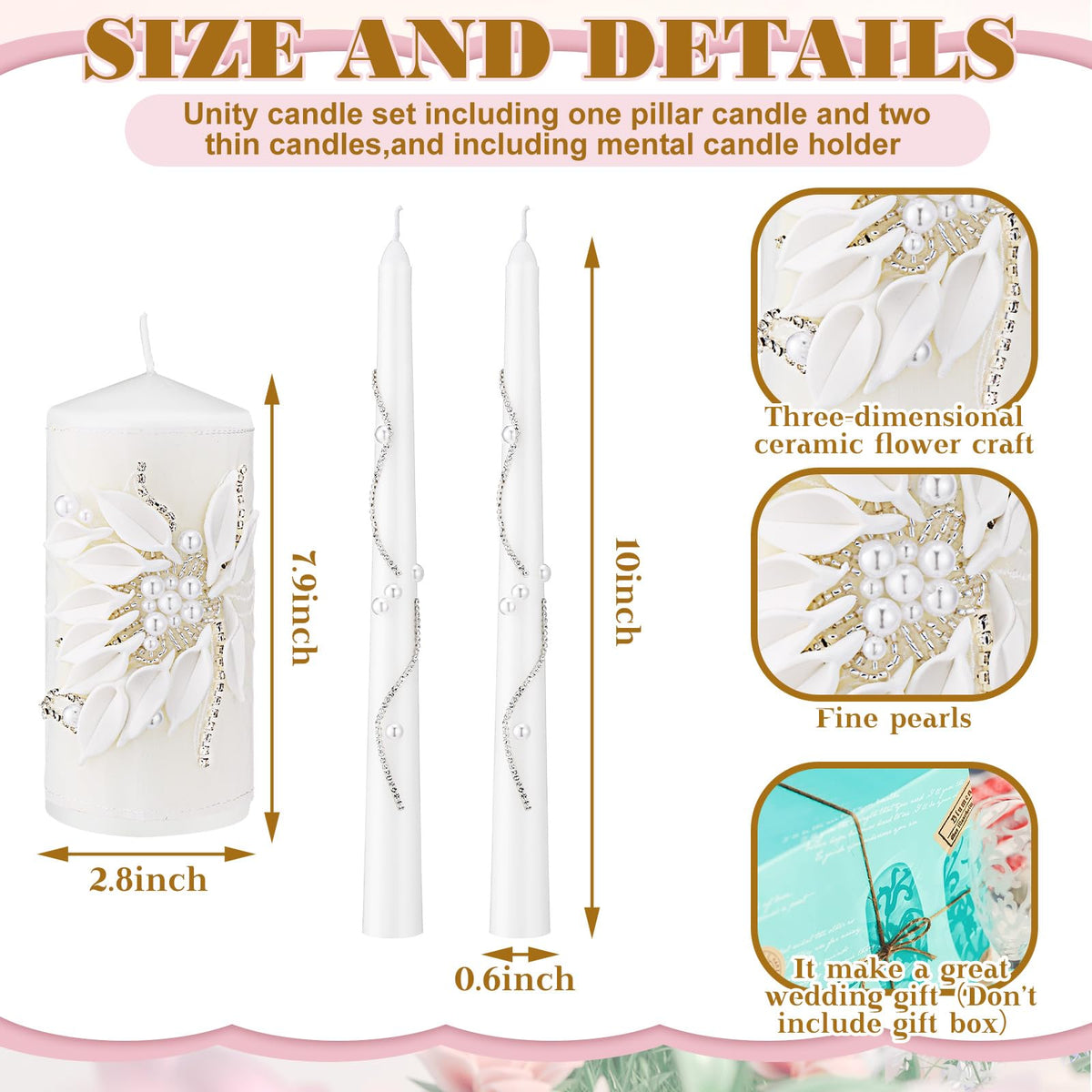 Irenare Unity Candles with Holder for Wedding Ceremony Wedding Decortions Accessories Glass Candle Holder Pillar Candle for Formal Events Church(Silver)
