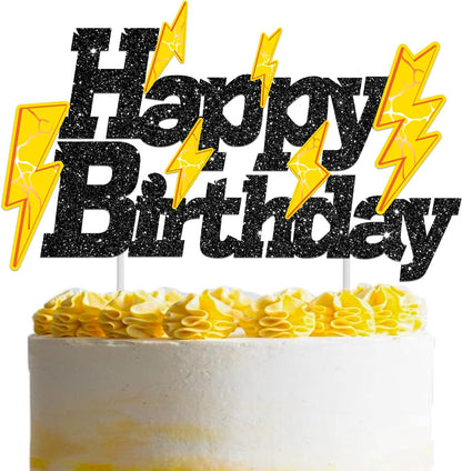 Skiennix Glitter Black Lightning Bolt Cake Toppers - Fun Birthday Party Decorations for Kids