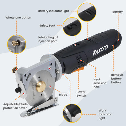 VLOXO Electric Rotary Fabric Scissors Cordless Power Fabric Cutter Rechargeable Electric Scissors for Leather with Safety Lock Multi-Layer Cutter for Carpet Canvas Cotton Include Case Black