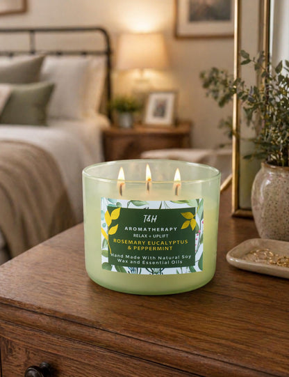 Rosemary Eucalyptus Peppermint 3 Wick Candle for Home Scented | 15.8 oz Large Soy Candle | Spa Aromatherapy Candles for Home Stress Relief | Clean Burn | Gift for Women & Men