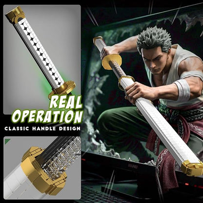 Mould King 10258 Anime Swords Building Blocks Set Rechargeable LED Light Sword for Adult Role-Playing - Zoro’s Wado Ichimonji Model with Display Stand &amp Scabbard
