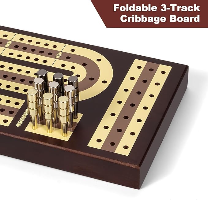 Foldable Wooden Cribbage Board Set - Elegant 3-Track Design with Magnetic Closure 9 Metal Pegs Full Deck of Cards Perfect for Family Game Nights and Travel