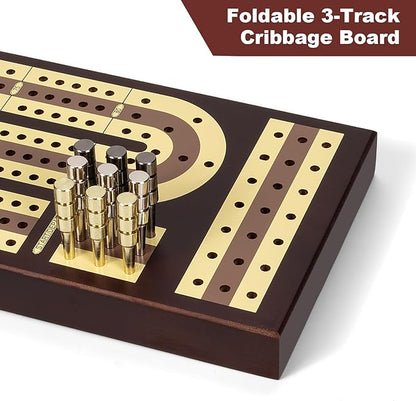 Foldable Wooden Cribbage Board Set - Elegant 3-Track Design with Magnetic Closure 9 Metal Pegs Full Deck of Cards Perfect for Family Game Nights and Travel