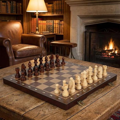 15-Inch Magnetic Wooden Chess Set with 2 Extra Queens – Handcrafted Foldable Board Game for Adults Beginners