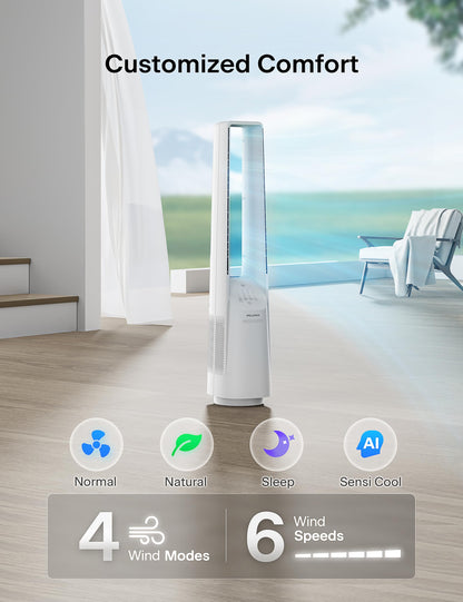 PELONIS Bladeless Tower Fan with 26-33ft Powerful Airflow, Alexa and Google Compatible, 6-Speed Settings, Quiet DC Motor, 120° Oscillation, 7-Hour Timer - Ideal for for Bedroom Home Office Use,White