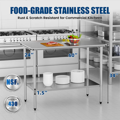Chingoo Stainless Steel Work Table 24x60 Inch with Adjustable Undershelf & Backsplash, Heavy-Duty Prep Table for Commercial Kitchen, Restaurant, Garage, Outdoor
