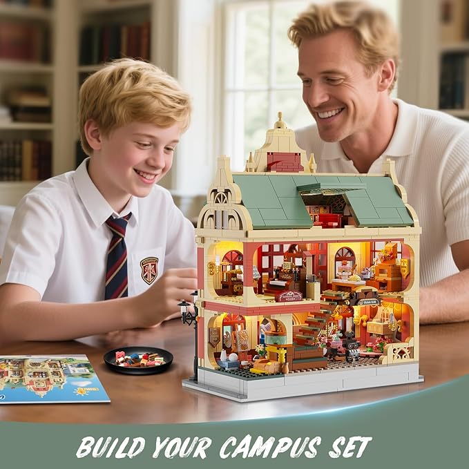 University Club House Building Set with Light1629PCS City Campus Architecture Model with Painting Drama Baking Music Club Home Decor Construction Building Block Gift for Adults Boys Girls 12+