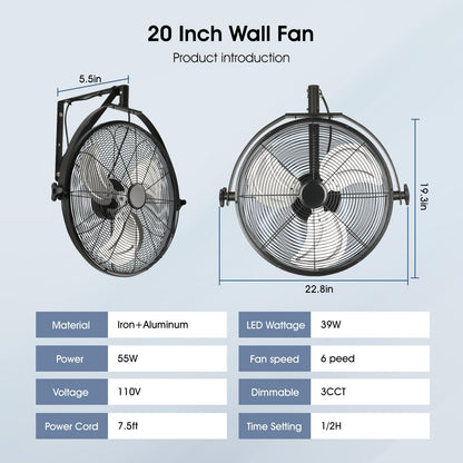 AHAWILL 20 Inch Wall Mount Fan with Lights,6-Speed High Velocity Wall Fan Dimmable Gazebo Fan,360°Adjustable Tilt Industrial Outdoor Fans for Patio,Garage,Workshop,Commercial,Black