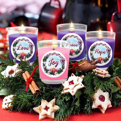 Purple and Pink Christmas Advent Votive Candles in Glass, Unscented 15 Hour Soy Wax Love, Hope, Peace and Joy Candles for Christmas Wedding Table Home Spa Holidays Party, 4 Packs