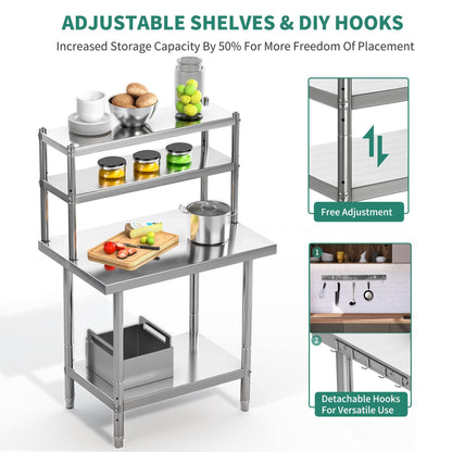 YITAHOME NSF Stainless Steel Work Table With Overshelves, 30" X 24" With 30" X 12" Shelf, Metal Prep Table for Home Kitchen Restaurant Garage Warehouse