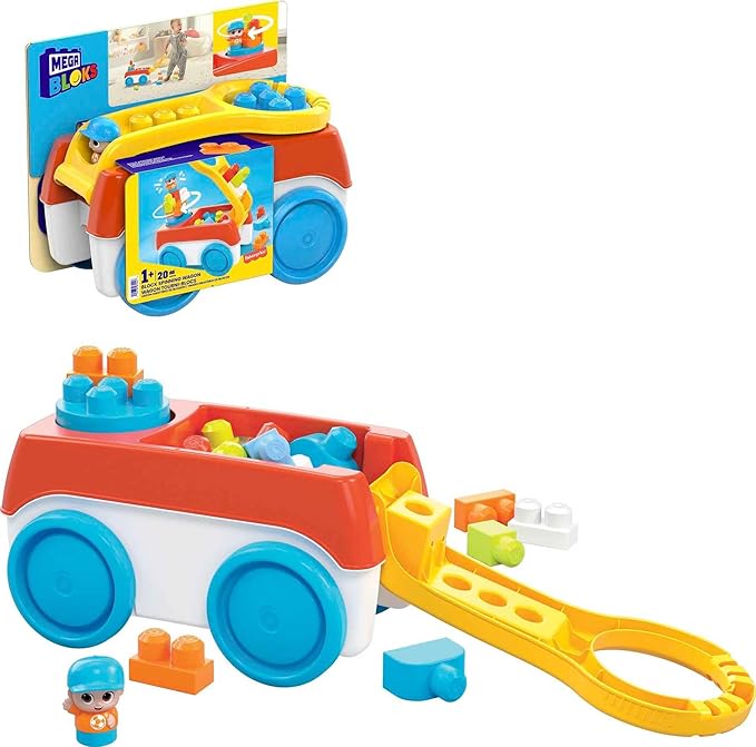 Mega Bloks First Builders Toddler Building Toy Set Block Spinning Wagon with 20 Pieces and Storage 1 Figure Ages 1+ Years