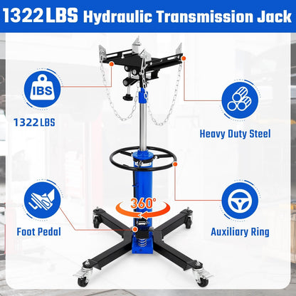 Hydraulic Transmission Jack, 1322 LB Capacity, 34-68 in, Heavy Duty Telescopic Transmission Jack Lift with Foot Pedal, 30° Tilt Saddle & 360° Swivel Wheels for Garage & Shop, Blue
