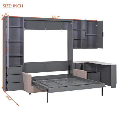 Merax Queen Size Wood Murphy Bed with Upholstered Sofa & Desk, Multifunctional Foldable Wall Platform Bed w/USB Charging Station for Guest-Room, Bedroom, Space Saving, Gray +Beige