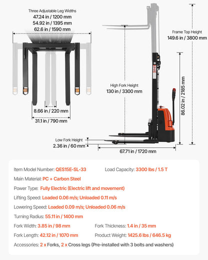VEVOR Full Electric Pallet Stacker, 3300 lbs Capacity, 130'' Lifting Height, Pallet Lift Stacker Forklift with Straddle Legs & Forks, 8.66-31.1 Inches Adjustable Fork Width, Orange & Black