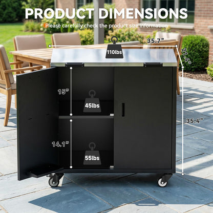 ADREAK Outdoor Grill Table, Movable Grill Cart with Door, Outdoor Grill Stand with Large Capacity ＆ Hooks, 2 Tier Pizza Oven Table for Outdoor Use