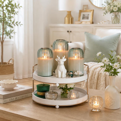 MUMCHASI Green Flameless Battery Operated Candles with Remote, Set of 5 Glass Jar LED Candles with Dancing Flame, Flickering Electric Candlelight for Home Wedding Party Decor H4”5”5”6" 6”