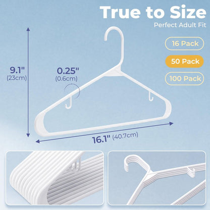 HOUSE DAY White Plastic Hangers 50 Pack, Plastic Clothes Hangers with Built-in Hooks, Durable and Strong Plastic Coat Hangers for Closet, Space Saving Clothing Hanger for Shirts, Coats, Skirt, Dress