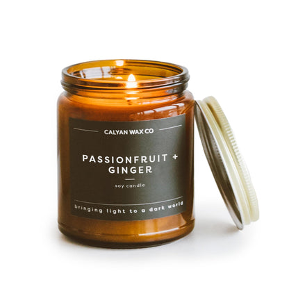 Calyan Wax Co. Passionfruit & Ginger Scented Candle - 57 Hour Burn - Luxury Clean Soy Wax Candles - Long Lasting Amber Glass Jar Candle for Home - 7.2oz