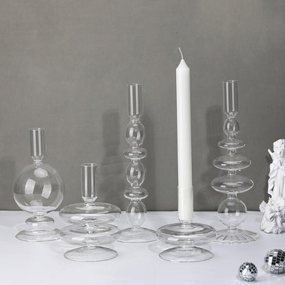 Rtteri 5 Pcs Glass Candlestick Holders Colorful Glass Taper Candle Stand Groovy Candlestick Wavy Boho Chic Clear Bases Holders Elegant Vase for Home Party Centerpiece(Clear)