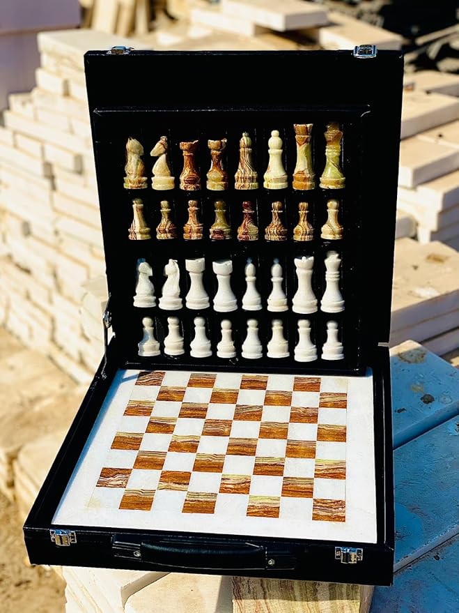 Marble Chess Set Handmade Onyx Full Chess Game Set.Comes in Rexine Box Packaging. Perfect for Gifting (White Multigreen)
