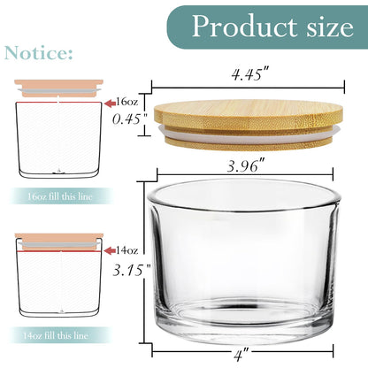 CONNOO 6-Pack 16 oz Candle Jars - 3-Wick Clear Empty Glass Wide Mouth Candle Jars Come with Bamboo Lids, Sticky Warning Labels, and a Candle Wick Kit for Candle Making - Dishwasher Safe