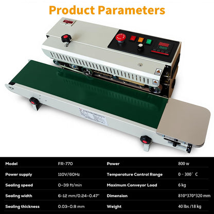 Automatic Horizontal Band Sealer (Full Copper Heating Block, with Counter Function), Continuous Bag Sealing Machine for 0.03–0.08mm PVC Film Bags (110V)
