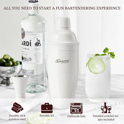 KITESSENSU Cocktail Shaker Set, Stainless Steel Martini Shaker with Bartender Strainer, Measuring Jigger, Bar Mixing Spoon, Cocktail Recipe Included, White