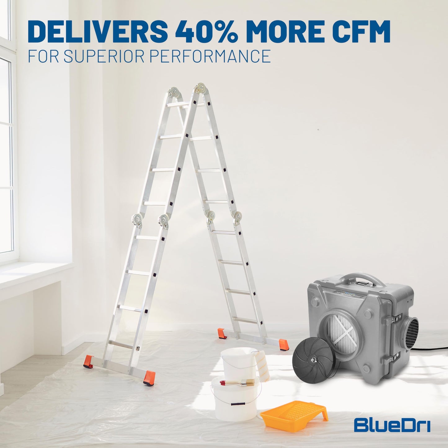 BlueDri Air Shield 550 HEPA Air Scrubber, Water Damage Restoration Equipment Air Purifier, Covers 1400 Sq. Ft, Daisy Chain Capable, For Commercial Use, Gray, BD-AS-550