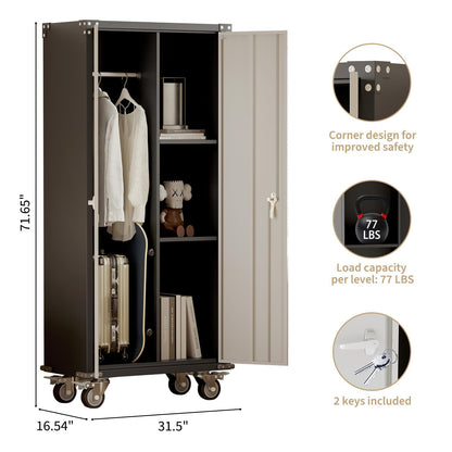 ExploreHorizon 71" H Rolling Tool Cabinet - Metal Locker Storage Cabinet with Wheels, Heavy-Duty Lockable Office Garage Cabinets Utility with 2 Doors and Hanging Rod, Adjustable Feet