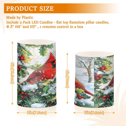 BOENLE Flickering Flameless Candles, Red Cardinals Holly Christmas LED Candles with Remote Timer, Set of 2 Battery Operated Candle for Valentine Wedding Birthday