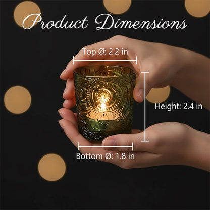 6 Pack Patented Sun Moon Star Embossed Glass Tea Light Candle Holders - Unique Votive Candle Holders for Wedding, Party, and Table Centerpieces (Moss Green)