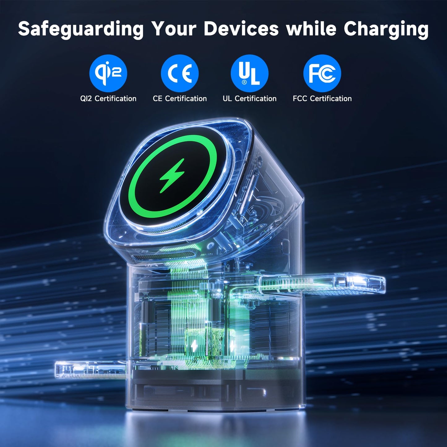 EnergyCell Rotating Wireless Charger, Qi2 Certified 2X Faster 15W for iPhone Charging Station 16/15/14/13/12, Apple Watch, AirPods, 3 in 1 Charging Station Apple Magnetic with Heat Dissipation, Grey