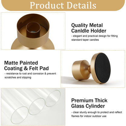 Hurricane Glass Candle Holders, Set of 10 Metal Taper Candlesrick Holders for Centerpieces Tall Gold Candle Stands Bulk with Glass Cylinder for Wedding Birthday Party Table Decor