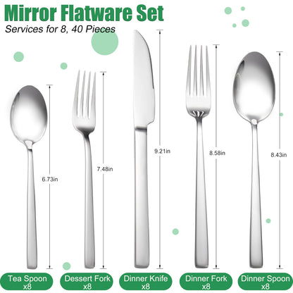 Silverware Set, 40 Piece Flatware Cutlery Set for 8, Stainless Steel Silverware Mirror Polished Dishwasher Safe for Home, Restaurant, Wedding, Party