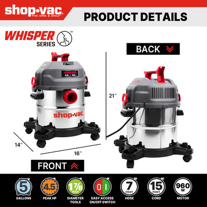 Shop-Vac 5 Gallon Ultra Quiet Shop Vacuum Wet and Dry, 4.5HP Stainless Steel Tank Wet/Dry Vacuum with Attachments, 1-7/8 In. x 7 Ft Hose, 15 Ft Cord, Ideal for Jobsite, Garage, Workshop & Home 5430542
