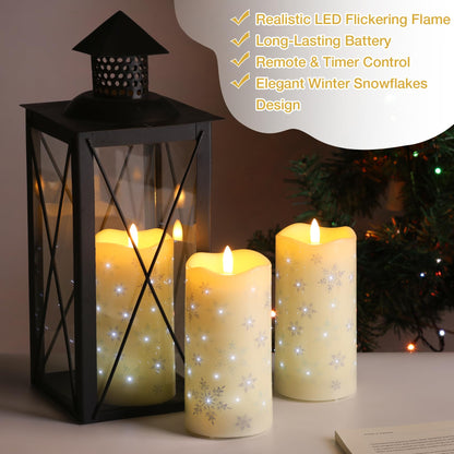 Eywamage Christmas Flameless Pillar Candles with Remote, Snowflakes Fiber Optic LED Candles Battery Operated Set of 3