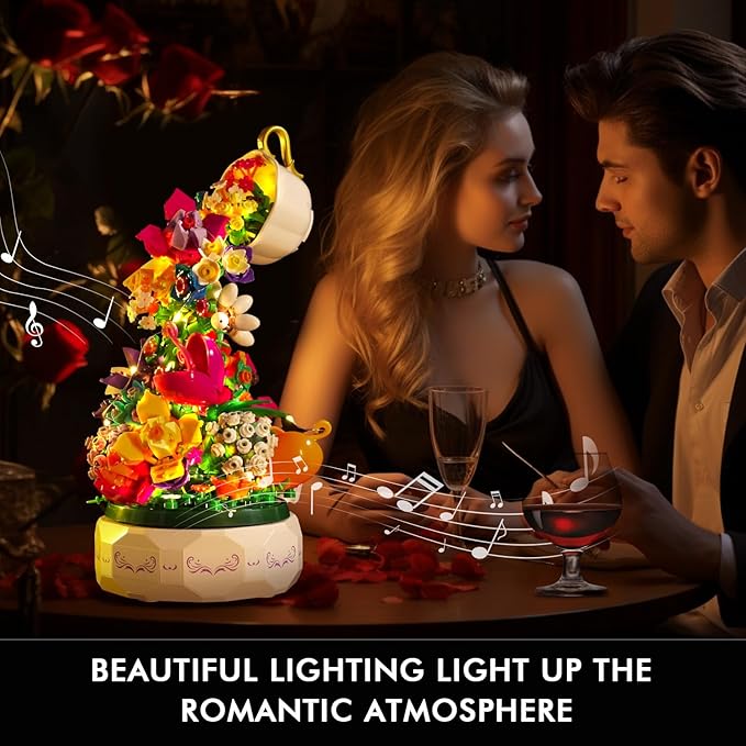 HOGOKIDS Flowers Music Box Building Block Kit with Light- 571PCS Valentines Day Gifts Decoration Rotating Music Box Blocks Set | Botanical Collection Birthday Gift Girls Boys Adults Kids Ages 6+