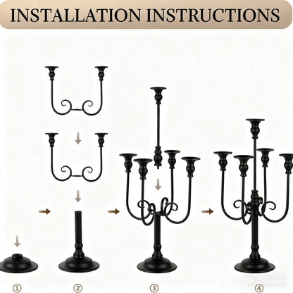 LANLONG Candelabra Centerpieces for Tables, 2Pcs Metal Tall Candle Holder for Taper Candles, 5 Arm Candlestick Holder for Wedding Centerpiece Decor Party Event Reception Decoration，Black,19.7in-2pcs