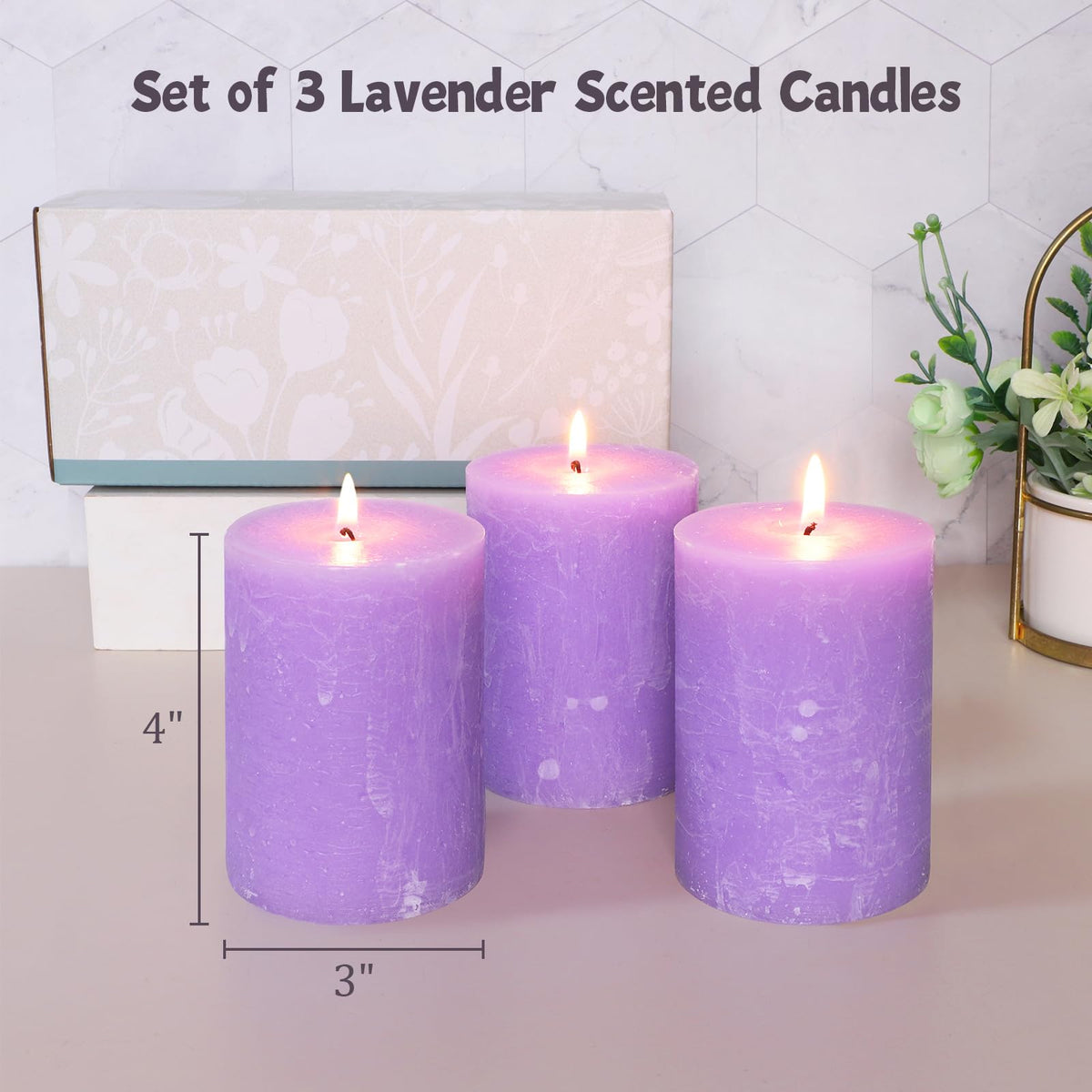 Cafemoon 3 Pack 3x4 Inch Lavender Scented Pillar Candles, Rustic Rough Textured Purple Candles, 35+ Hours Long Burning Smokeless Dripless for Home Decor Bathroom Shelf Dinner Party Spa Gift