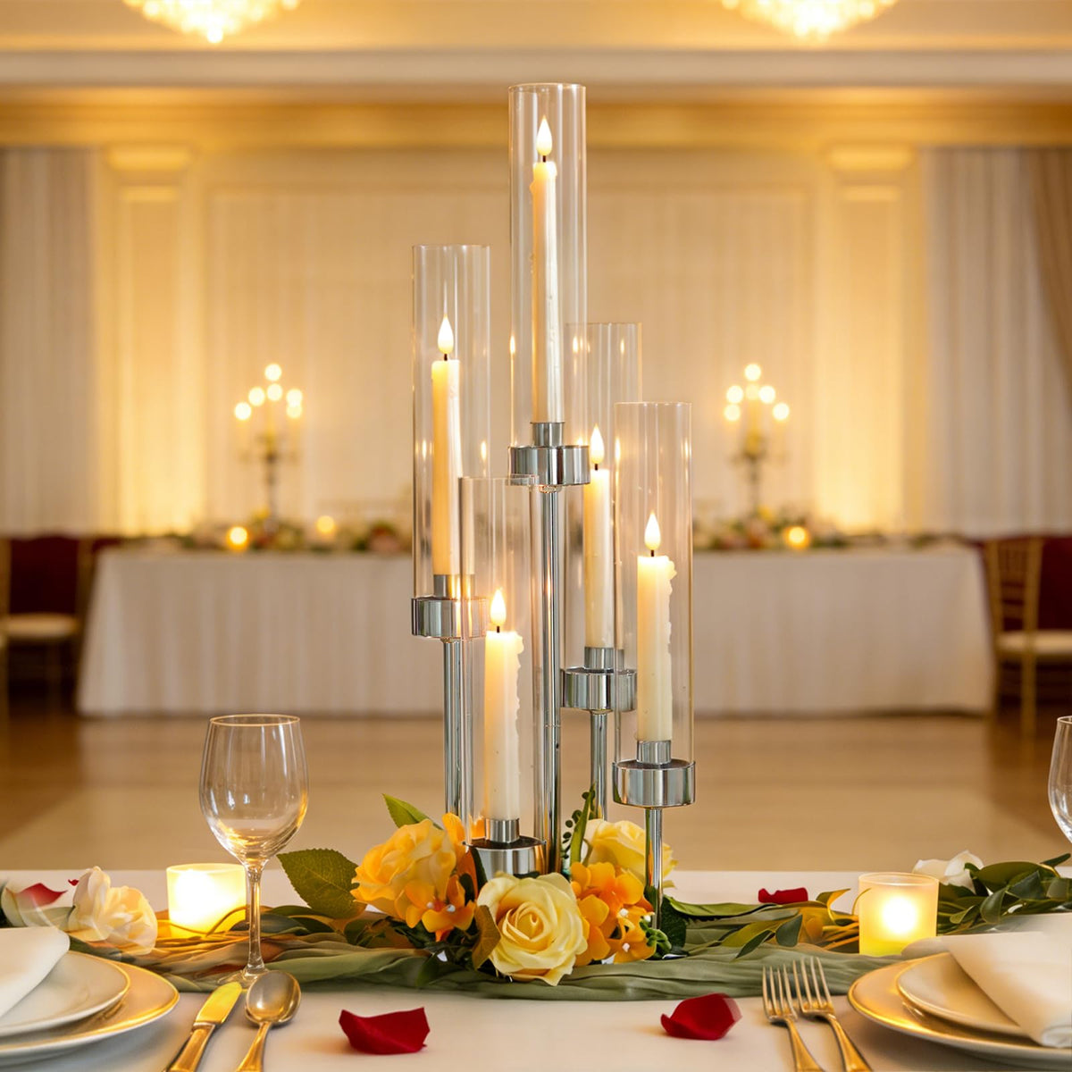 KEHAIL 2 Pcs 5-Arm Silver Metal Table Candelabra Centerpiece, 22" Tall Clear Candlesticks Holder with Shade for Valentines Day Events Party Table Centerpiece,Fit LED Candles