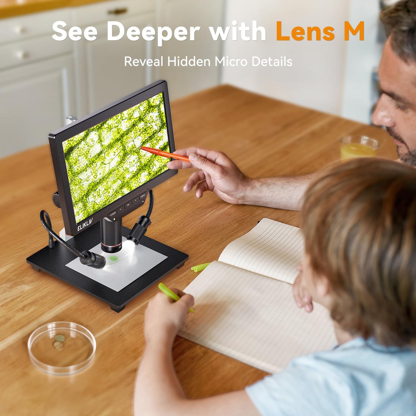 Elikliv 4K 3-Lens Digital Microscope: TL301-Magnetic Coin Microscope Magnifier Full Coin View, Soldering Microscopes for Adults with 7" IPS Screen, Side Lights, 10" Stand, PC/TV Compatible, 16GB