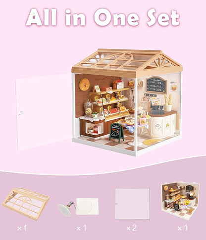 Miniature Bakery Dollhouse Kit - Sunny Pastry Shop DIY Room with Glass Door &amp Protective Roof &amp LED Lights - Creative Building Toy for Adults Teens and Kids - Unique Gift Idea