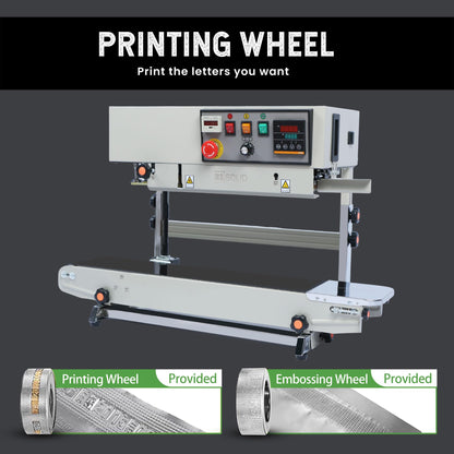 U.S. Solid Automatic Continuous Band Sealer with Stand - Industrial Bag Sealing Machine with Counter & Embossing Coder, 78.7ft/min High Speed, 110V Vertical Sealer for 0.031" PVC Bags