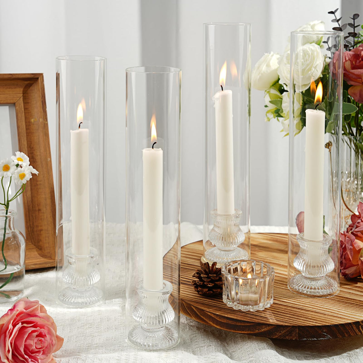 Hurricane Glass Candle Holders 4Pcs Fluted Candlestick Holders for Taper Candles with Cylinder Covers Crystal Candle Sticks Holder Decor for Wedding Birthday Christmas Table Decoration