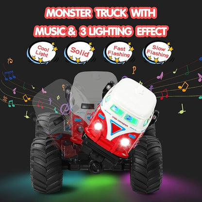 DYODYORC Remote Control Car 2.4Ghz RC Monster Truck Toys All Terrain RC Truck with Spray Music 3 Lighting Effects 360 Stunt Capable All Included Ready to Run Toy Gifts for Boys and Girl (Red)
